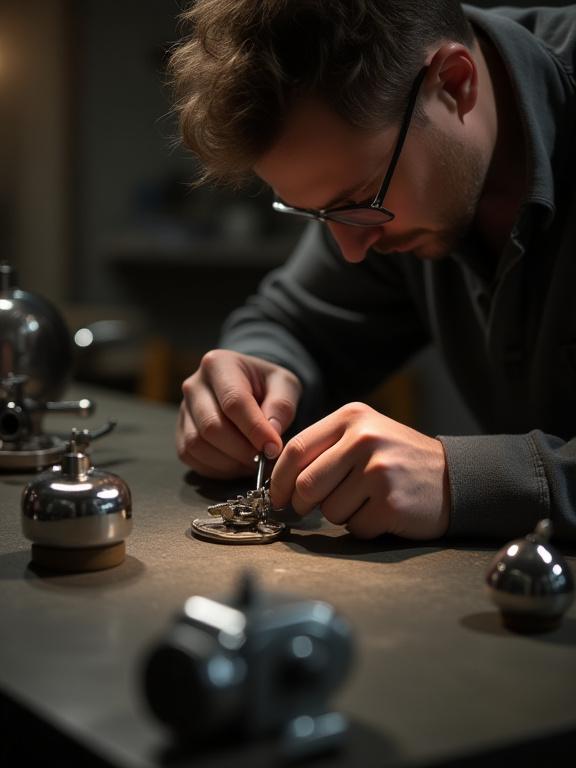 Un artigiano di Vetta Brinata che lavora con cura su un dettaglio di un'auto d'epoca.