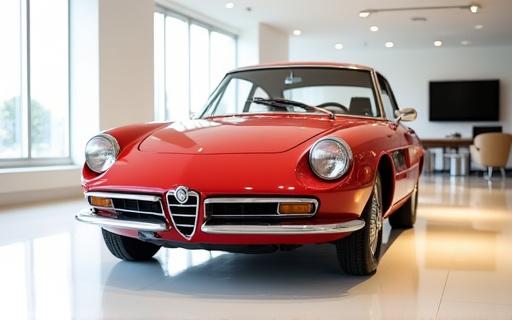 Una Alfa Romeo classica in vendita in uno showroom elegante.